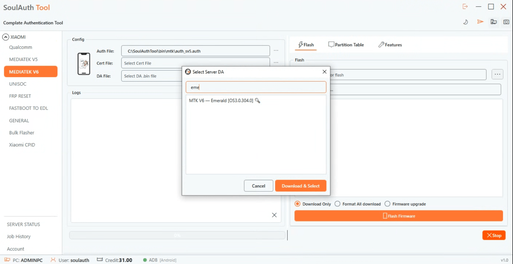 Doğru Server DA girişini seçip Download & Select'e basma